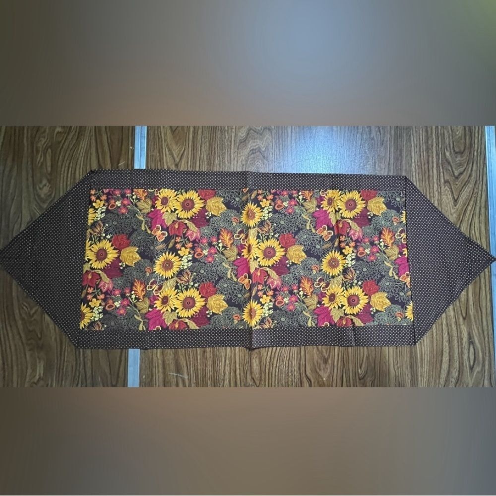 Handmade Table Runner Fall Leaves Sunflowers Brown - Gold Accents - 14" X 41"